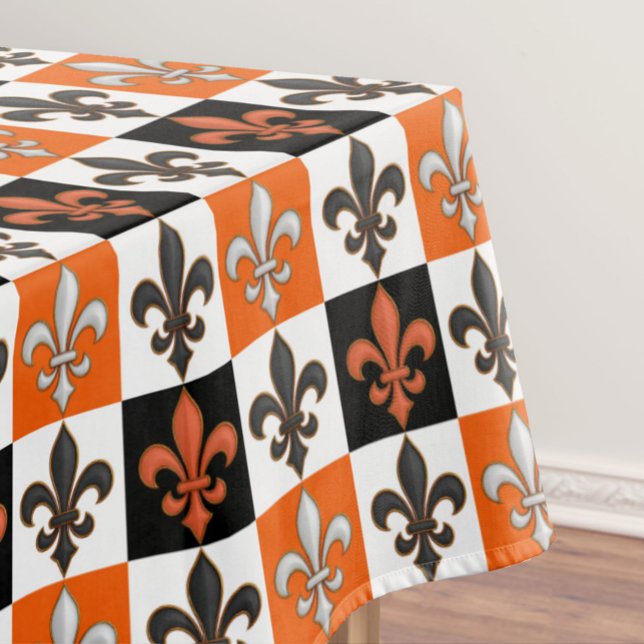 Orange Black White Chequered Fleur-de-lis Design  Tablecloth (Creator Uploaded)