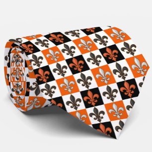 Orange Black White Chequered Fleur-de-lis Design Tie