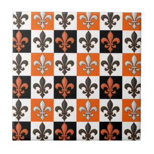 Orange Black White Chequered Fleur-de-lis Design  Tile
