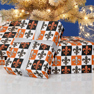 Orange Black White Chequered Fleur-de-lis Design  Wrapping Paper