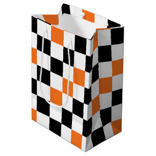 Orange Black White Chequered Pattern Design  Medium Gift Bag