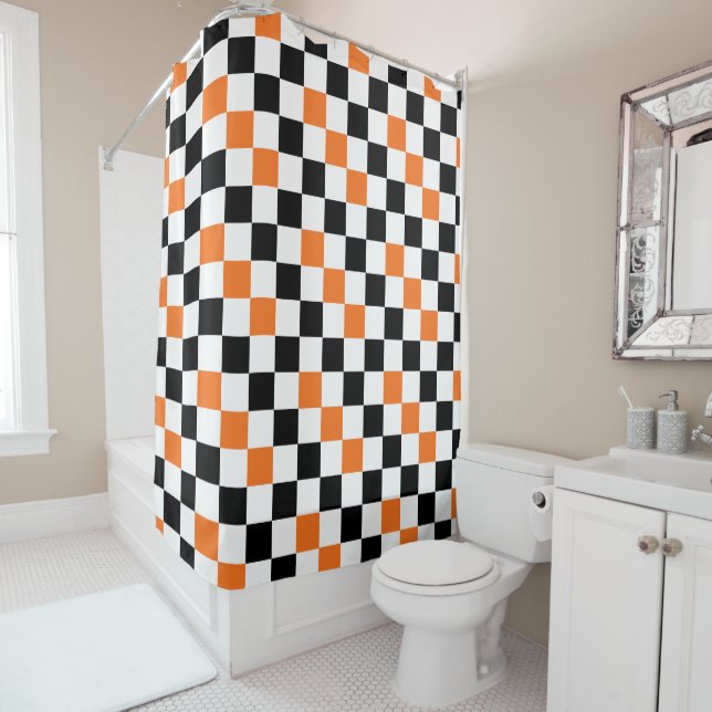 Orange Black White Chequered Pattern Design  Shower Curtain (In Situ)