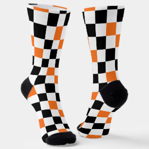 Orange Black White Chequered Pattern Design  Socks