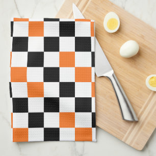 Orange Black White Chequered Pattern Design  Tea Towel