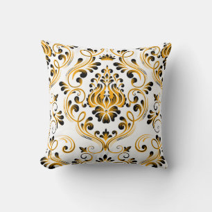 Orange Black White Damask Floral Pattern Elegant  Cushion