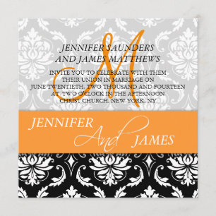 Orange Black White Damask Wedding Invitations