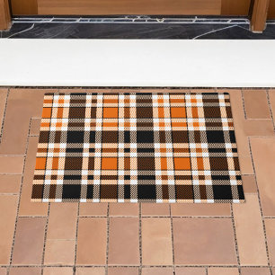 Orange Black White Flannel Tartan Pattern Design Doormat