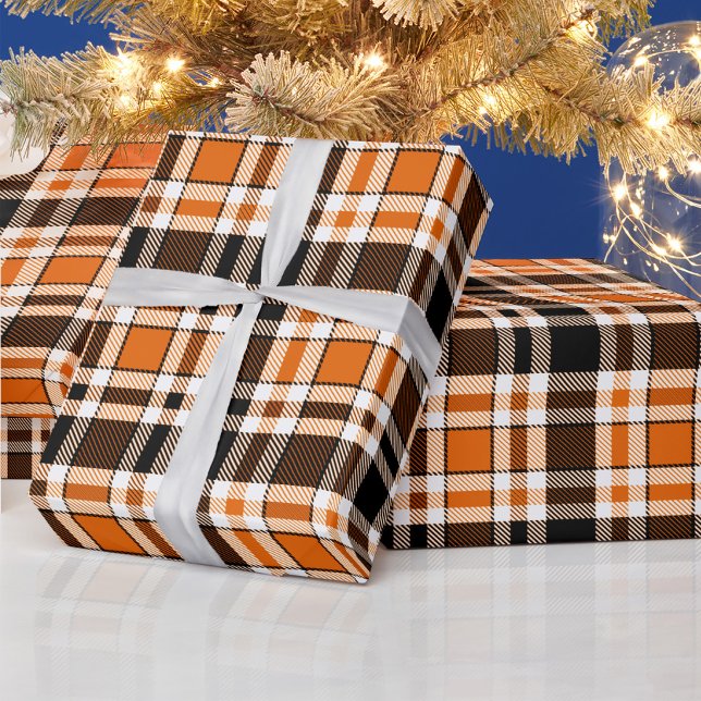 Orange Black White Flannel Tartan Pattern Design  Wrapping Paper (Creator Uploaded)