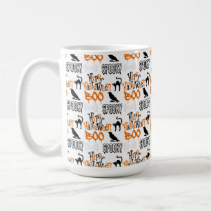 ORANGE BLACK WHITE HALLOWEEN CROWS BOO COFFEE MUG