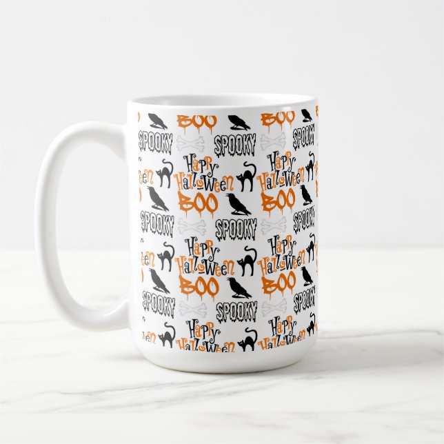 ORANGE BLACK WHITE HALLOWEEN CROWS BOO COFFEE MUG (Left)