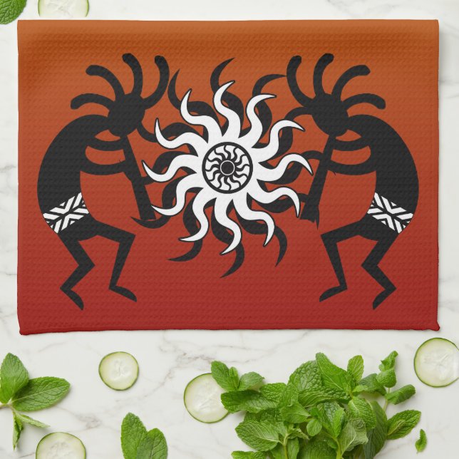Orange Black White Kokopelli Southwest Tribal Sun Tea Towel (Folded)