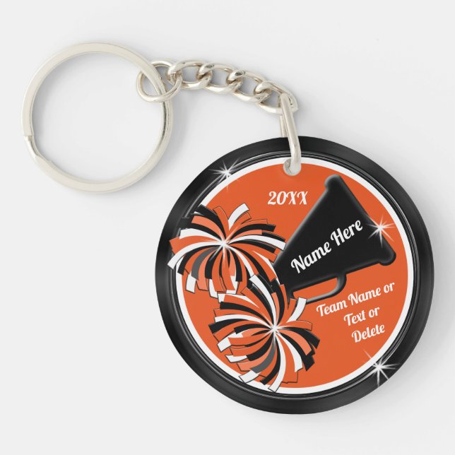 Orange, Black, White, Personalised Cheer Keychains (Front)