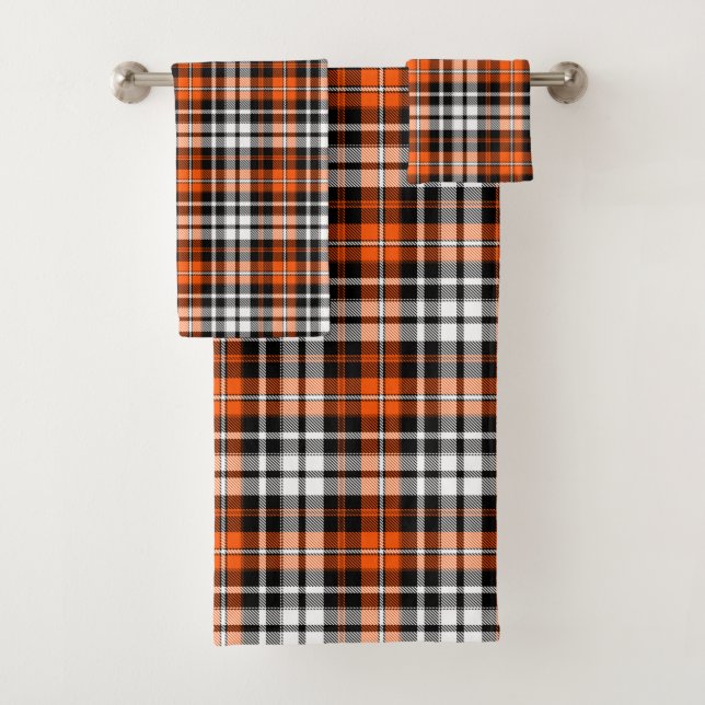 Orange Black White Plaid Tartan Pattern Design  Bath Towel Set (Insitu)