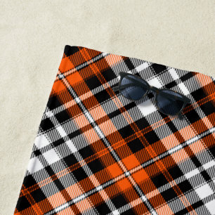 Orange Black White Plaid Tartan Pattern Design Beach Towel