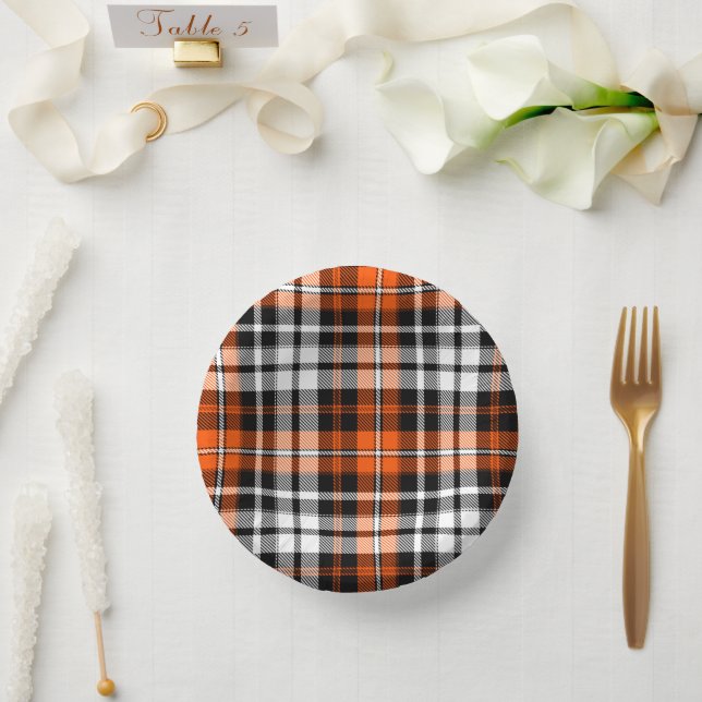 Orange Black White Plaid Tartan Pattern Design  Paper Plate (Wedding)