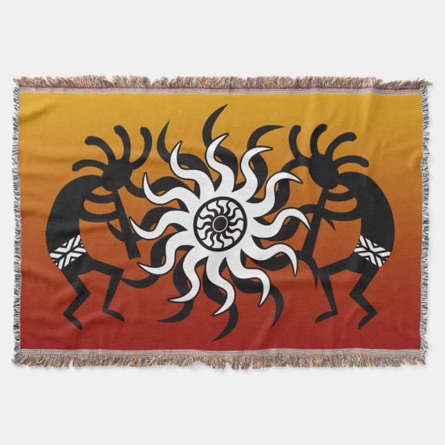 Orange Black White Southwest Design  Kokopelli Throw Blanket (Front)