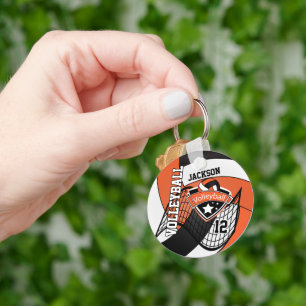 Orange, Black & White Volleyball Design Key Ring