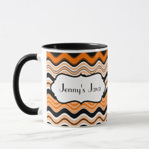 Orange, Black, White Wavy Stripes Personalised Mug