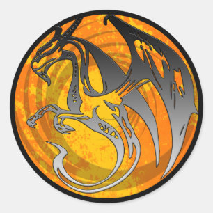 Orange black wing grunge dragon round stickers