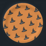 Orange Black Witch Hat Pattern Halloween Party Paper Plate<br><div class="desc">Cool Black and orange Halloween party paper plates.
Fun party supplies,  decorations and disposable accessories for costume party,  halloween,  scary,  fright,  frightening,  trick or treat,  night gathering,  bbq,  dinner,  birthday,  wedding.

Available in small and large. Change the quantity to get the cheapest bulk price.</div>