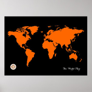orange black world map poster