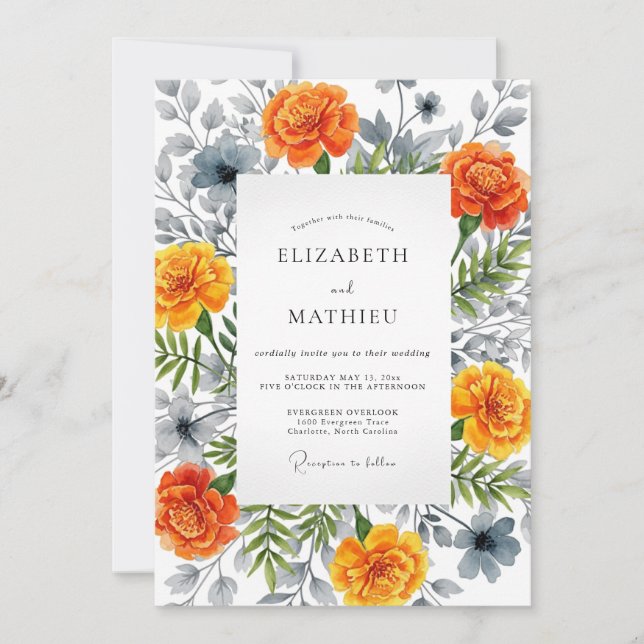 Orange Bloom Botanical Wedding Invitation (Front)