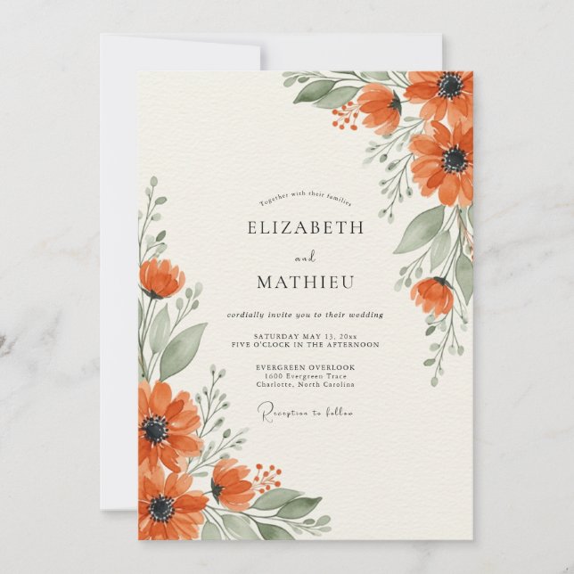 Orange Blooming Autumnal Wedding Invitation (Front)