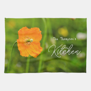 Orange Blooming Poppy Flower On Green Custom Name Tea Towel