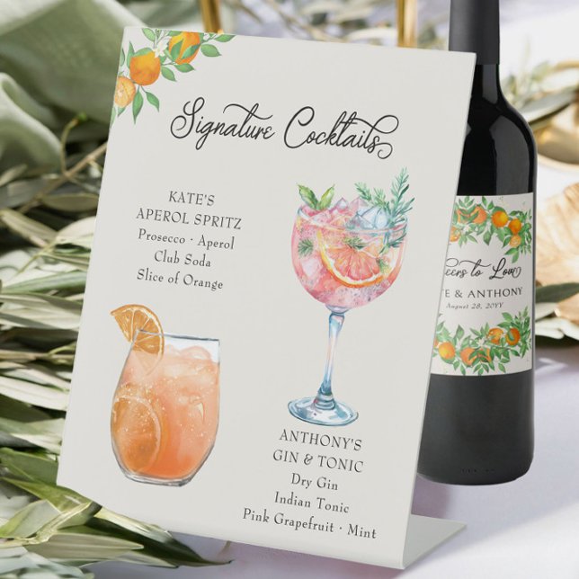 Orange Blossom Bride Groom Cocktails Wedding Bar Pedestal Sign (Bride and Groom Signature Cocktails Bar Sign from Orange Blossom Wedding Collection by Darling & May)