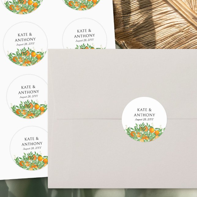 Orange Blossom Citrus Fruit Wedding Classic Round Sticker (Wedding Stickers from the Orange Blossom Wedding Collection by Darling & May)