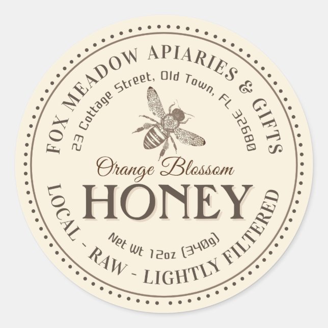 Orange Blossom Honey Flying Bee Dotted Border Classic Round Sticker (Front)