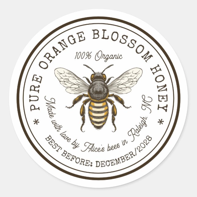 Orange blossom honey label with vintage bee (Front)