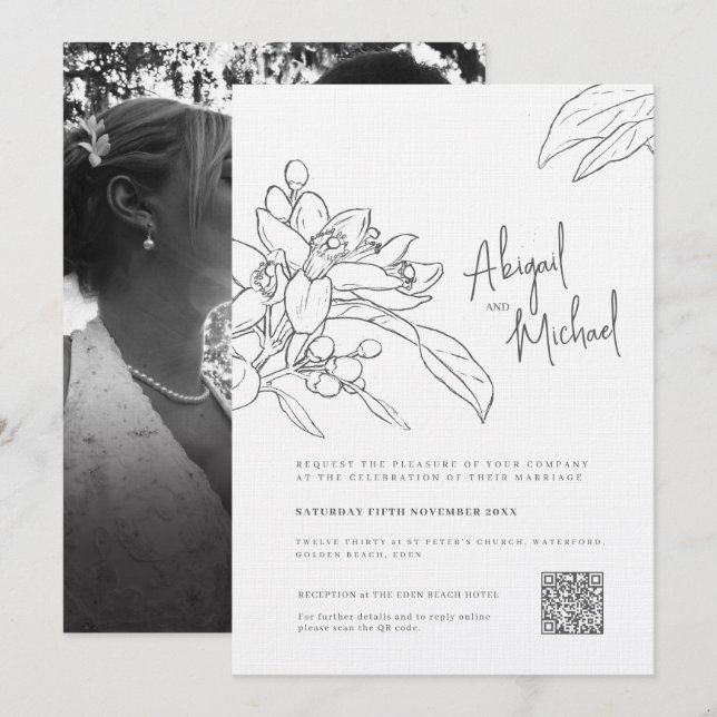 Orange blossom sketch mono photo wedding invitation (Front/Back)