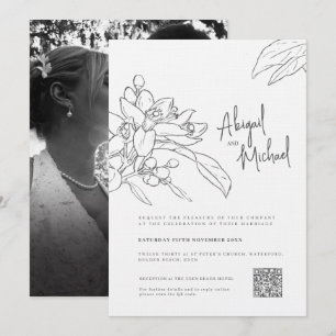 Orange blossom sketch mono photo wedding invitation