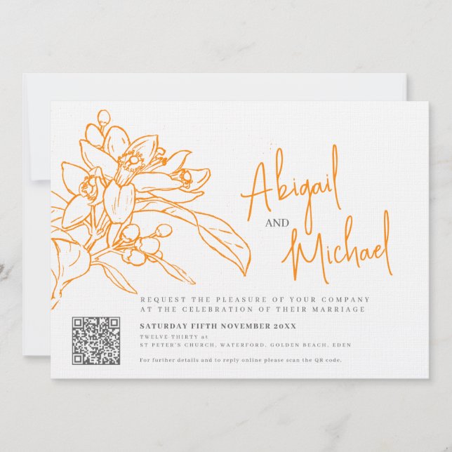 Orange blossom sketch orange photo wedding invitation (Front)