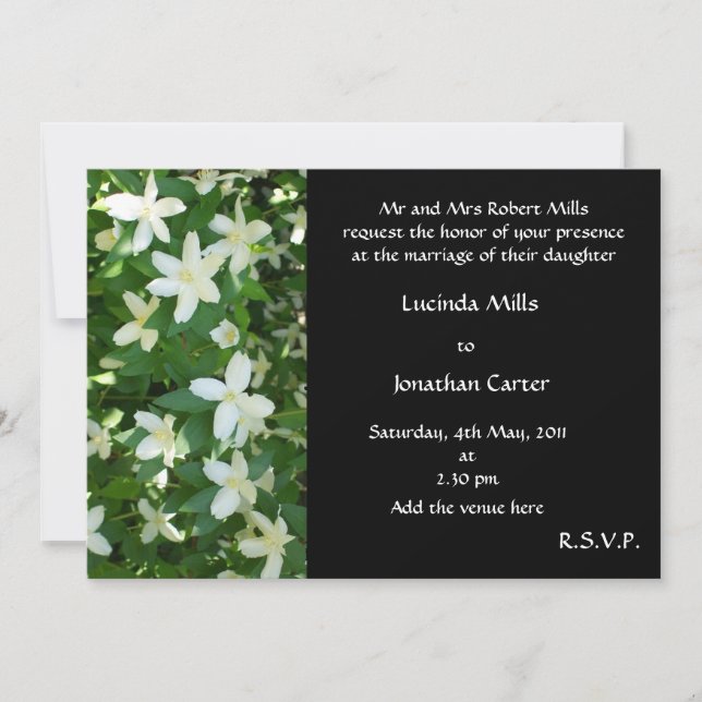 Orange Blossom Wedding Invitation, White on Black Invitation (Front)