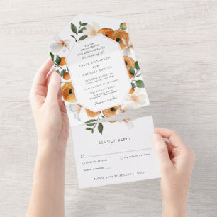 Orange Blossoms and Greenery Wedding All In One All In One Invitation