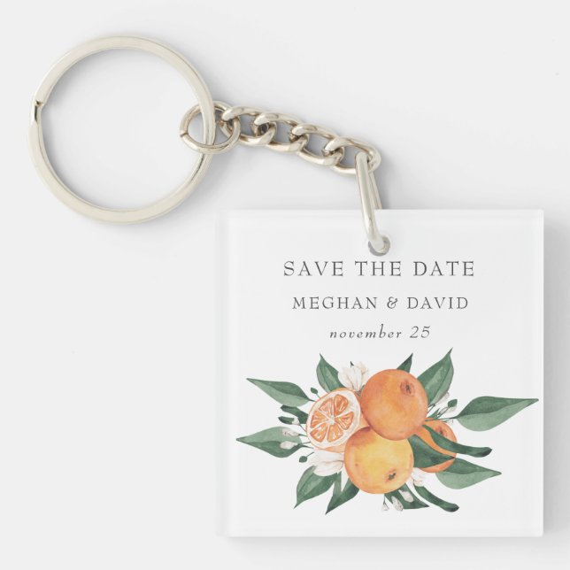 Orange Blossoms Citrus Botanical Save the Date Key Ring (Front)