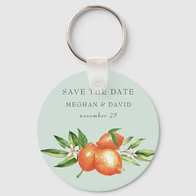 Orange Blossoms Citrus Botanical Save The Date Key Ring (Front)