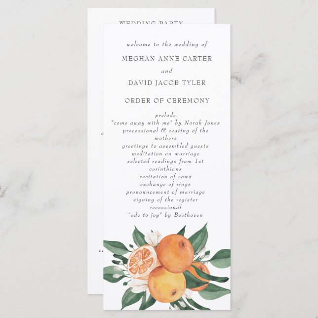Orange Blossoms Citrus Botanical Wedding  Programme (Front/Back)
