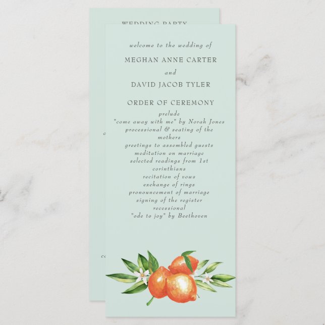 Orange Blossoms Citrus Botanical Wedding  Programme (Front/Back)