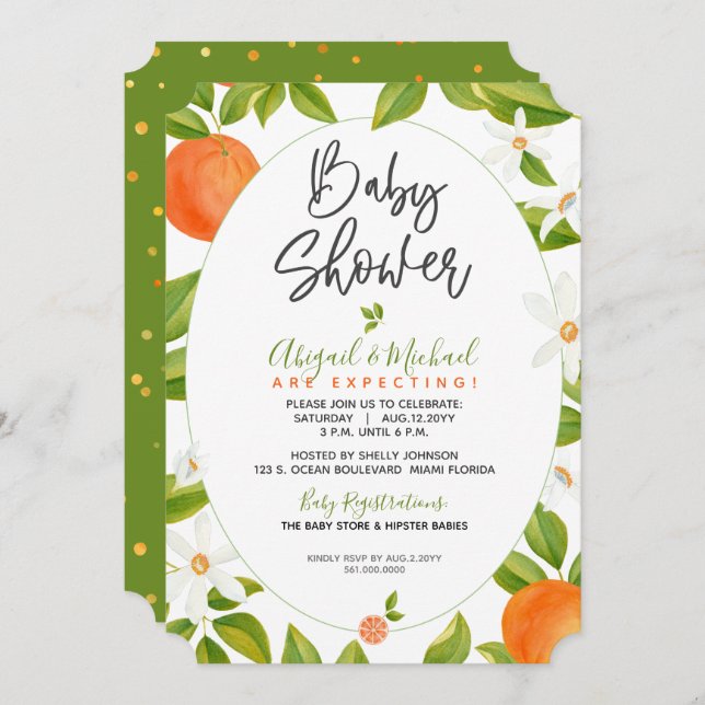 Orange Blossoms Gender Neutral Citrus Baby Shower Invitation (Front/Back)
