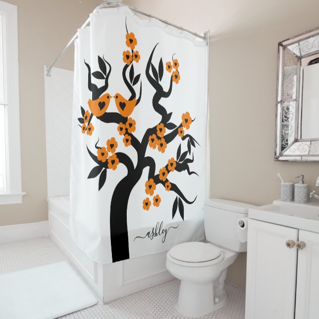 Orange blossoms Love birds sakura cherry tree Shower Curtain (In Situ)