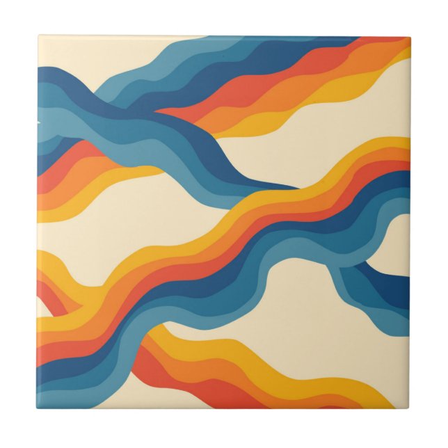 Orange Blue Abstract Retro Wavy Stripe Bold  Tile (Front)