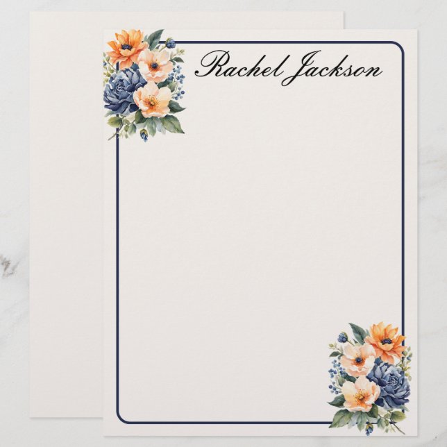 Orange Blue and Cream Floral Custom Letterhead (Front/Back)
