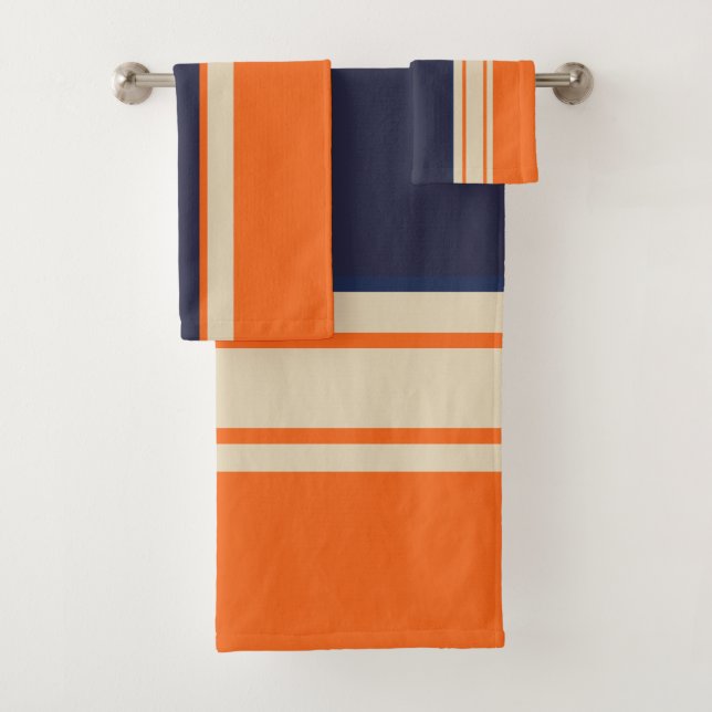 Orange Blue and Taupe Stripes Bath Towel Set (Insitu)