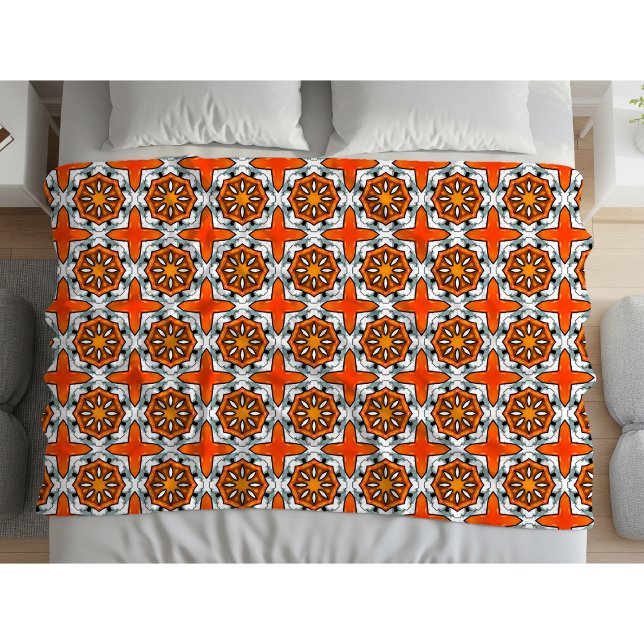 Orange, blue and white geometric mandala fleece blanket (Creator Uploaded)