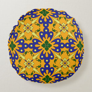 Orange Blue And Yellow Spanish Tile Pattern Round Cushion