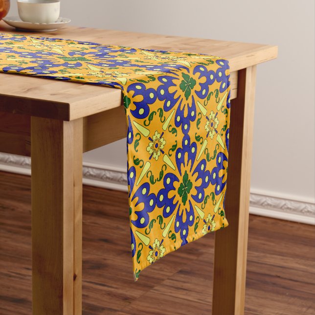 Orange Blue And Yellow Spanish Tile Pattern Short Table Runner (In Situ)