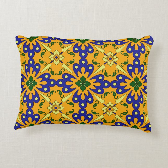 Orange Blue And Yellow  Talavera Tile Design Decorative Cushion (Back)